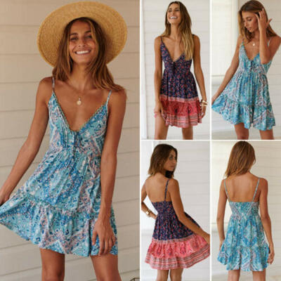 

Women Boho Floral Sexy Dress V-neck Beach Mini Summer Sundress Strap Dresses US