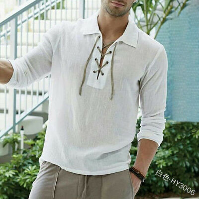 

Mens Cotton Linen Pullover Tops Tee Long Sleeve V Neck Casual Loose T Shirt