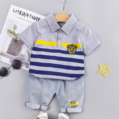 

Summer Children Baby Boys Casual Short Sleeve Striped Print T-shirt TopsDenim Shorts Costume Set