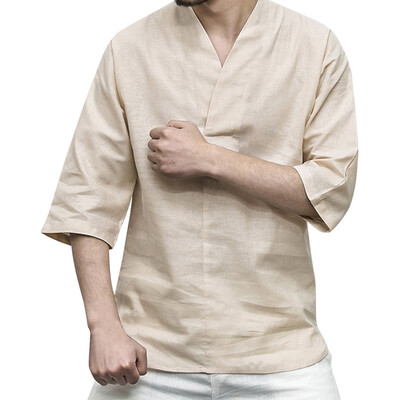 

Tailored Men Linen Patchwork Seven-Minute Sleeve Solid Color Loose V neck Blouse T Shirt