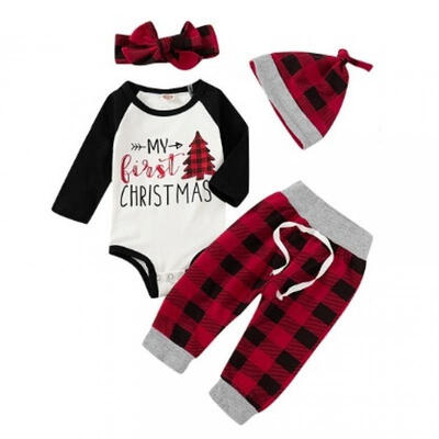 

4PCS Xmas Outfits My 1st Christmas Cotton Clothes Infant Baby Boy TopsPants Set