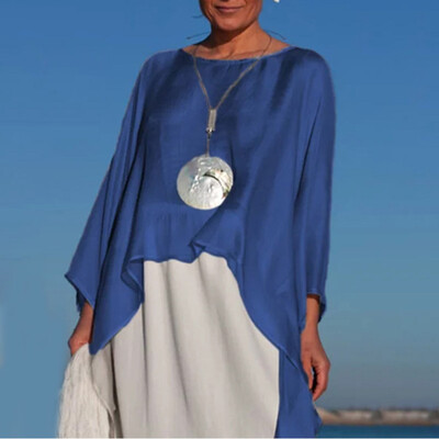 

2019 Women Round Neck Long Sleeve Irregular Hem Blouse Beach Holiday Tops Shirts