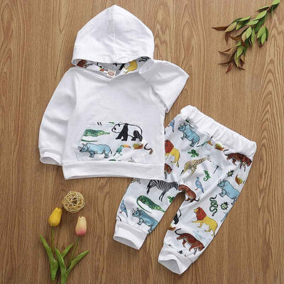 

Infant Baby Boys Girls Fall Winter Animal Print Pocket Hoodies Sets Pants Unisex Cotton Outfits Clothes 3-18M