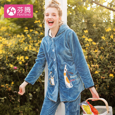 

Fenton coral velvet ladies pajamas 2018 autumn&winter new girlfriends cartoon cat hooded jade rabbit velvet soft home service J98940898 blue XXL