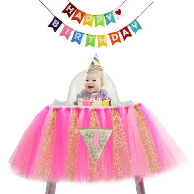 

FUNNYBUNNY 1st Birthday Tutu Skirt for High Chair Decoration for Party Supplies Baby Pink