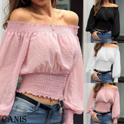 

Women Off Shoulder T-Shirt Tops Ladies Casual Long Sleeve Slim Blouse Tee Shirt