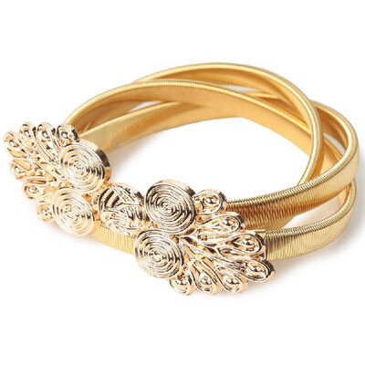 

New Fashion Women Elastic Metal Belt Abstract Clasp Front Stretchy Slim Skinny All-Match Waist Belt GoldSilver