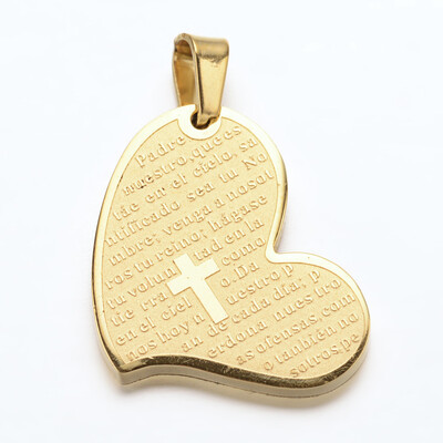 

304 Stainless Steel Heart Lord Prayer Padre Nuestro Cross Pendants Golden 26x20x25mm Hole 45x55mm