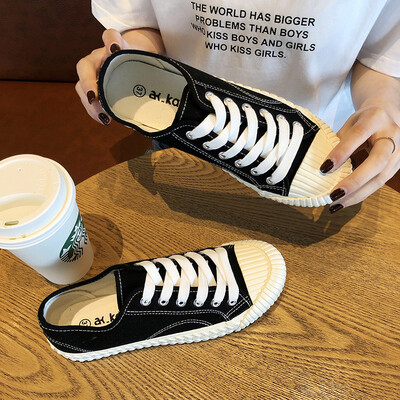 

Ins Super Hot Canvas Shoes for Female Students with Baitie Small White Shoes Korean Version Flat Bottom Port Wind Black Plate Shoe