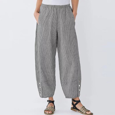 

Women Sexy Stripe High Waist Cotton And Linen Long Pants Casual Beach Trousers
