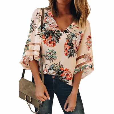 

Vintage printed shirt Womens V-neck speaker seven-point sleeve loose top