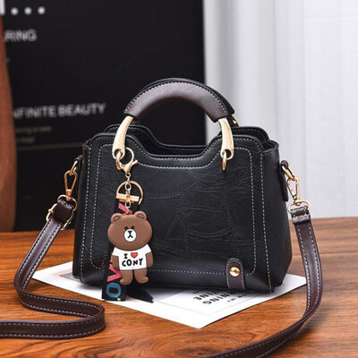 

Bear Handbag Women Pendant Fashion Girls Simple Retro Shoulder Bag Solid Crossbody Bags PU Leather Versatile Messenger
