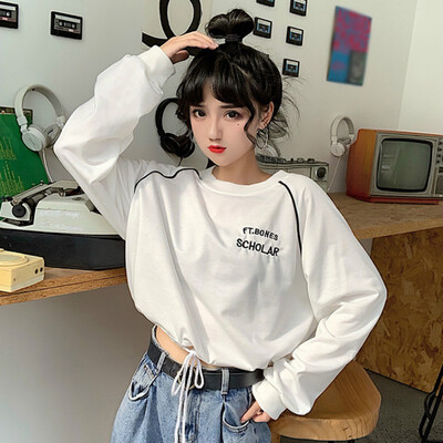 

Autumn Fashion Women Sexy Long Sleeve Letter Embroidery O-Neck T Shirt Crop Tops Sweatshirt