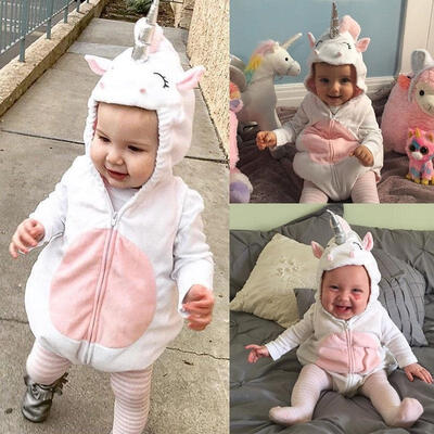 

Cute Toddler Newborn Unicorn Baby Girls Fleece Hooded Romper Jumpsuit Bodysuit Jumper Outfits