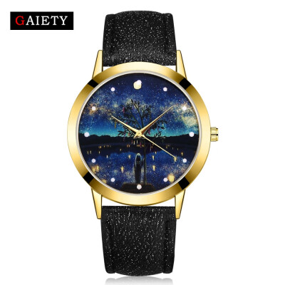 

〖Follure〗Women Fashion Starry Sky Leather Band Analog Quartz Round Wrist Watch Watches BK