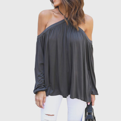 

Women Halter Solid Top Hanging Neck Strapless Shoulder Long Sleeve T-Shirt Female Leisure Casual Cotton Loose Sexy Tops