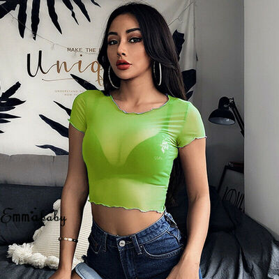 Hot Women Sheer Mesh Fish Net Short Sleeve See Crop Top T-Shirt Blouse M L