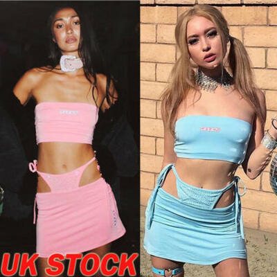 

Women Sexy 2 Piece Bodycon Two Piece Crop Top&Skirt Set Lace Up Dress Club