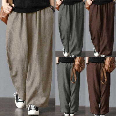 

US Plus Size Men Cotton&Linen Loose Pants Beach Drawstring Yoga Casual Trouser
