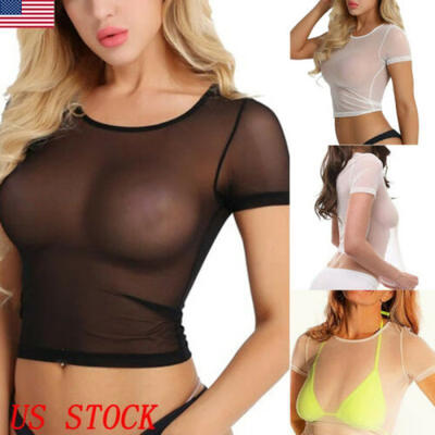 

Womens Ladies Short Sleeve Crop Top Fishnet Mesh See Through T-Shirt Blouse Tee