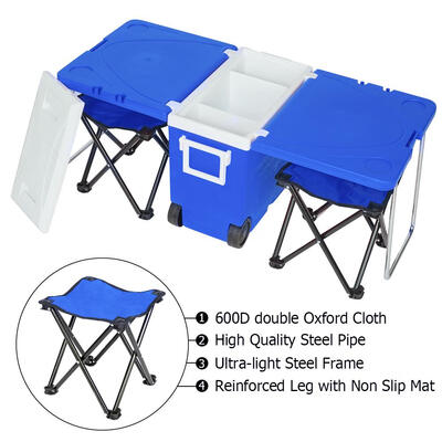 

Multi Function Portable Rolling Cooler for Picnic Camping w Table & 2 Chairs Blue
