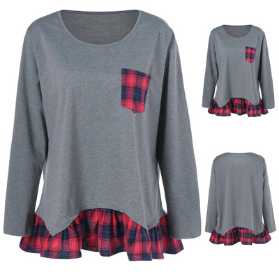 

Roseonmyhand Women Plus Size O-Neck Long Sleeve Plaid Ruffles Flounced Patchwork Pocket Tee