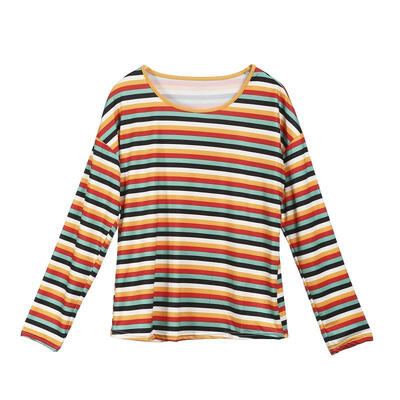 

New Women Long Sleeve Loose Rainbow Striped Blouse Casual Tops