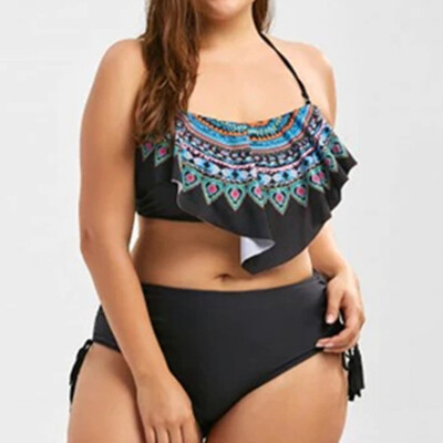 

Roseonmyhand Womens Large Size Beach Swimsuit Split Conservative Swimsuit T-shirt Print High Waist Halter Bikini