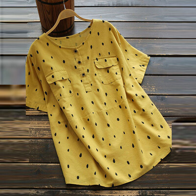 

Starmoon Women Vintage Wave Point Plus Size O-Neck Short Sleeve Loose Top T-Shirt Blouse