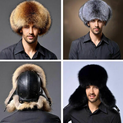 

Mens Ushanka Winter Fur Leather Thermal Russian Cossack Trapper Snow Earflap Hat