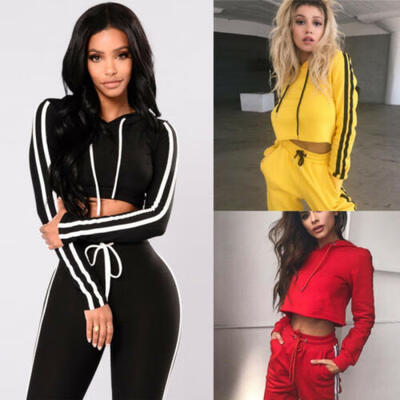 

US Womens Sport Hoodies Sweatshirt Crop Tops Pants Set 2Pcs Tracksuit Sweat Suit