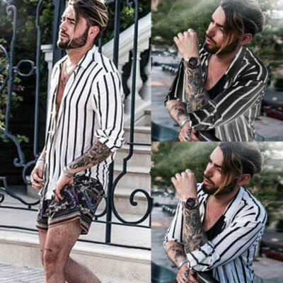 

Men Striped Long Sleeve Shirt Summer Loose Casual V-Neck Shirts Beach Tops -3XL