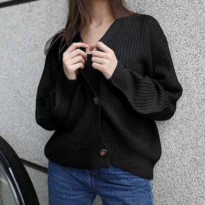 

2019 Latest Autumn&Winter New Deep V collar Sweater Cardigan Fashion Solid Color Loose Sweater Button Coat Female