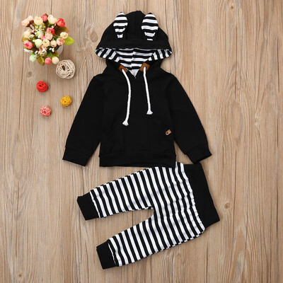 

Newborn Infant Baby Boy Girl Striped Hooded TopsPants 2Pcs Outfits Clothes Set