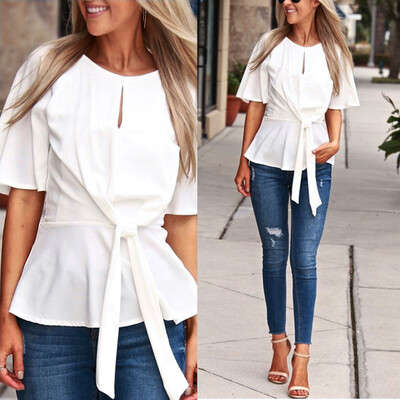 

Nomeni Women O-neck Loose Patchwork Cut Out Belt Elbow Sleeve Bow Waist Blouse