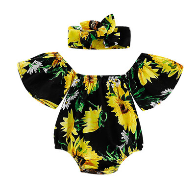 

Kid Baby Girls Off Shoulder Ruffled Tops Flower Print Hair Band Romper Bodysuit