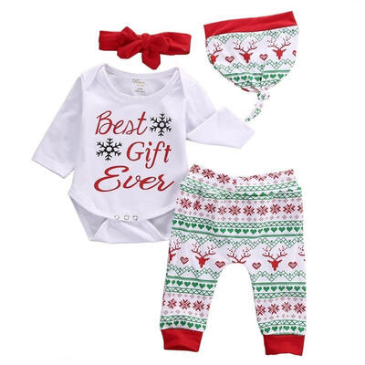 

Newborn Baby Boys Girls Tops Romper Pants Hat 4PCS Outfits Set Christmas Clothes