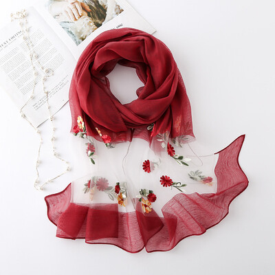 

New solid color small floral simulation silk scarf female hollow temperament scarf four seasons travel floral shawl