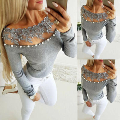 

Fashion Summer Women Casual Lace Off Shoulder Lady T Shirts Loose Tops Blouse US