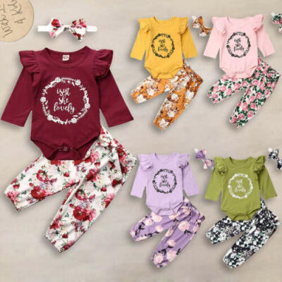 

Newborn Kids Baby Girl Casual Top Romper Pants Headband Outfit Clothes 3pcs Set