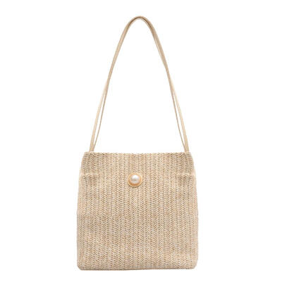

Pearl Silk Decor Shoulder Handbags Women Woven Top-handle Bags Beach Totes
