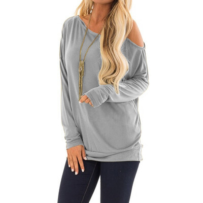 

Gobestart Women Solid Casual Long Sleeve One Shoulder Asymmetrical Neckline Tops Blouse