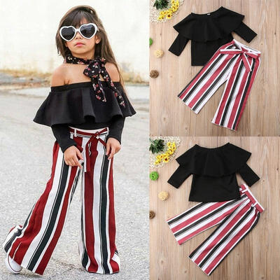 

2PCS Toddler Kids Baby Girls Off Shoulder TopsStripe Pants Outfits Clothes NEW