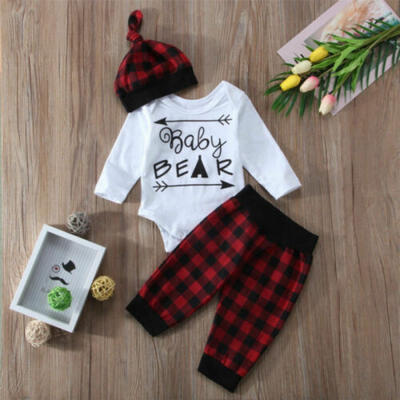 

Newborn Baby Girl Boy Plaid Clothes Romper TopsPants Hat 3pcs Bodysuit Outfits