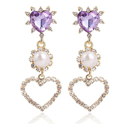 

Korean New Crystal Love Heart Drop For Women Elegant Rhinestone Simulated Pearl Long Earrings