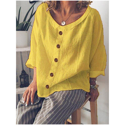 

Nomeni Women Fashion Loose Cotton Linen Button Solid Daily Casual Shirt Blouse Tops