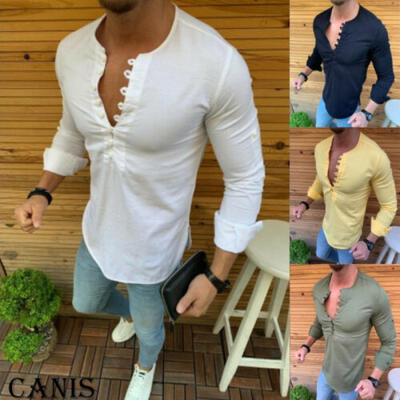 

Männer Slim Fit V-Ausschnitt Langarm Muscle T-Shirt Lässige Button-Down-Shirts