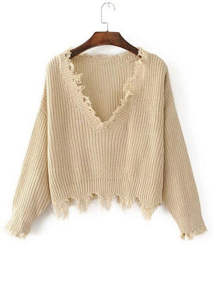 

Sweater Autumn Women One Size Ripped V Neck Loose Sweater