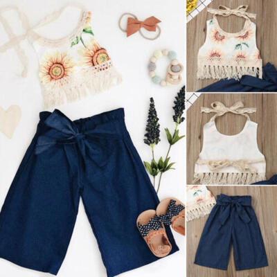

Summer Toddler Kid Baby Girl Clothes Sunflower Strap Crop Tops Long Pants Outfit