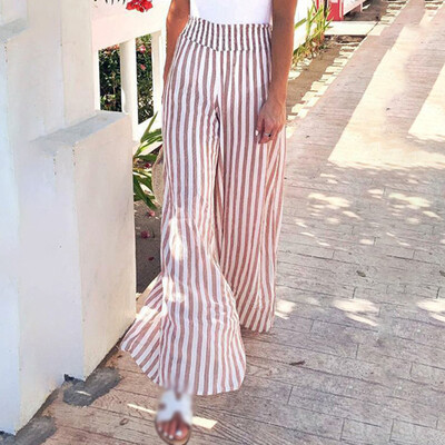 

Womens High Waist Plus Size Trousers Striped Pants Party Wide Leg Summer Casual
